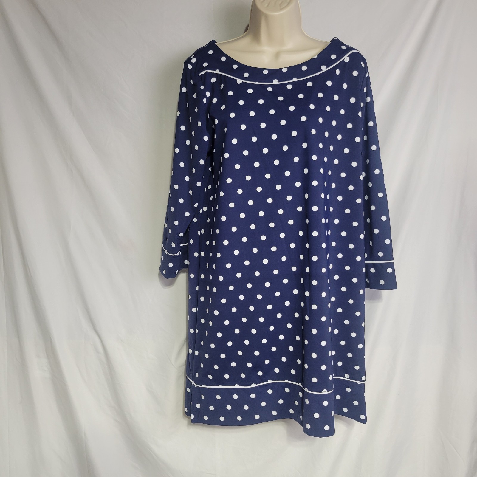 LANDS END Navy Blue Polka Dot Stretch Tunic Shift Dress Comfort Boat Neck Size L