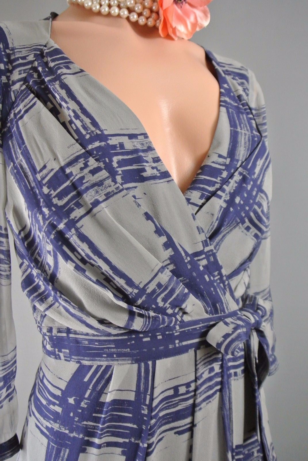 In Add Minus Wrap Sheath Dress 6 S Work Cocktail Checkered SILK Blue Gray