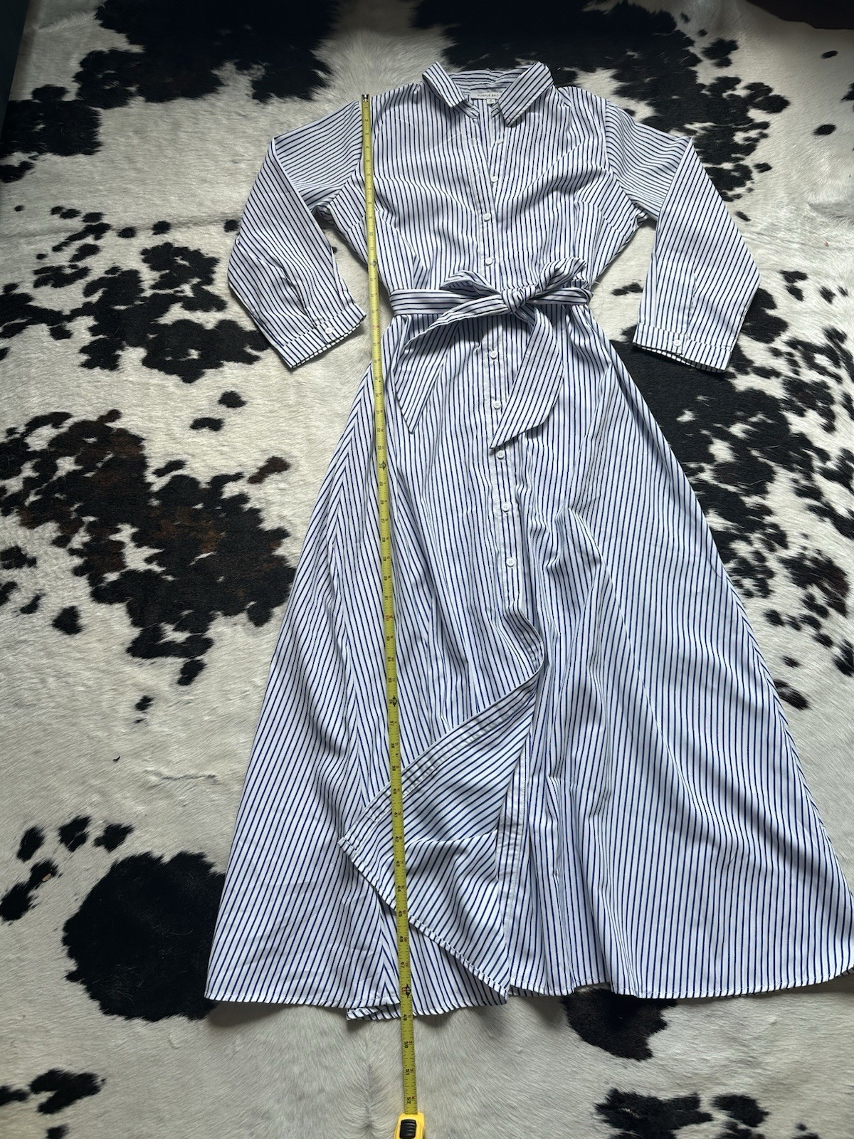 Striped Button-Front Maxi Shirt Dress w/Tie Waist Blue White 3/4 Sleeve Nautical