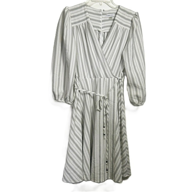 Calvin Klein Dress Midi sz 10 White Gray stripes Cross Over Deep V 3/4 Sleeves