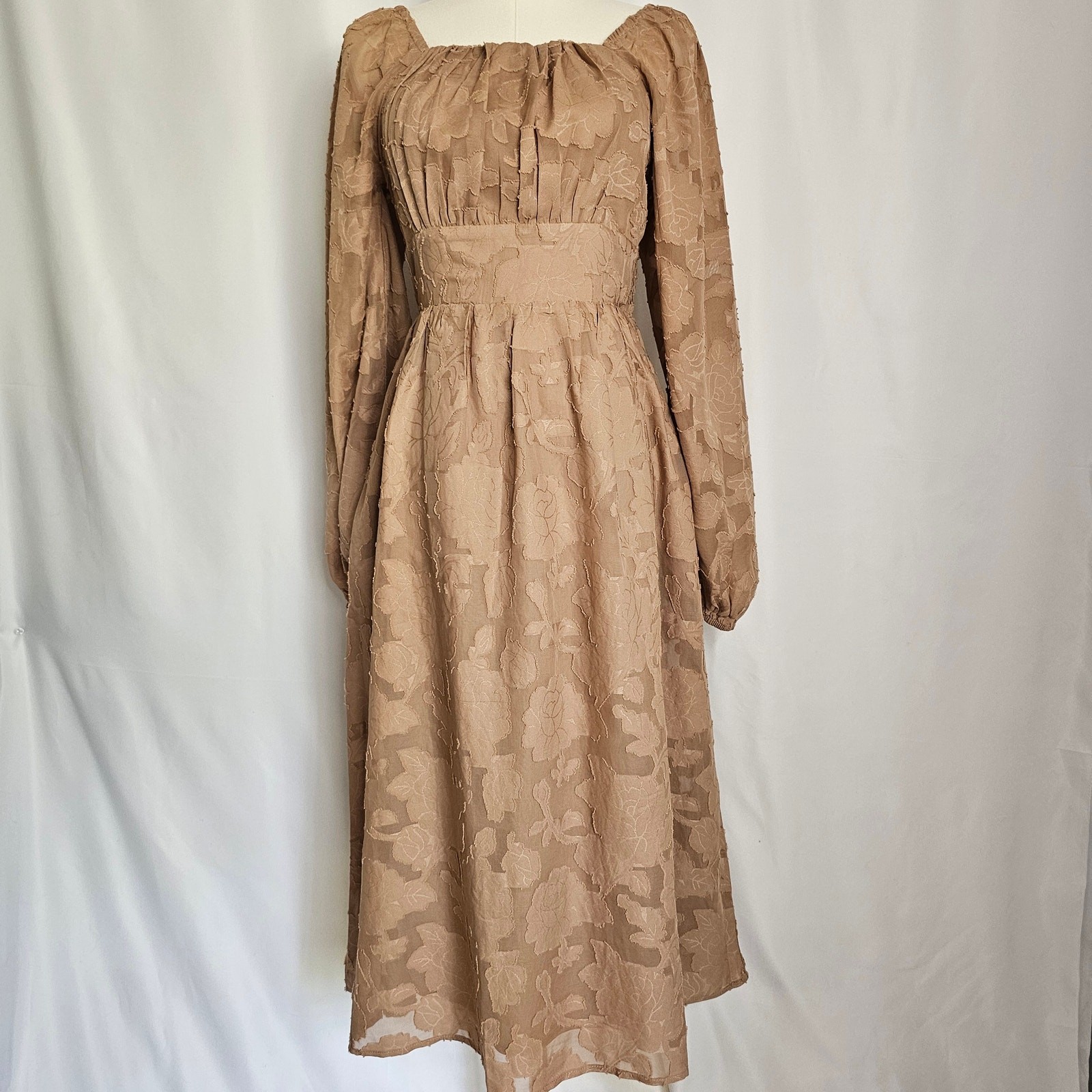 XS Floral Lace Cottagecore Flowy Romantic High Waist Midi Dress