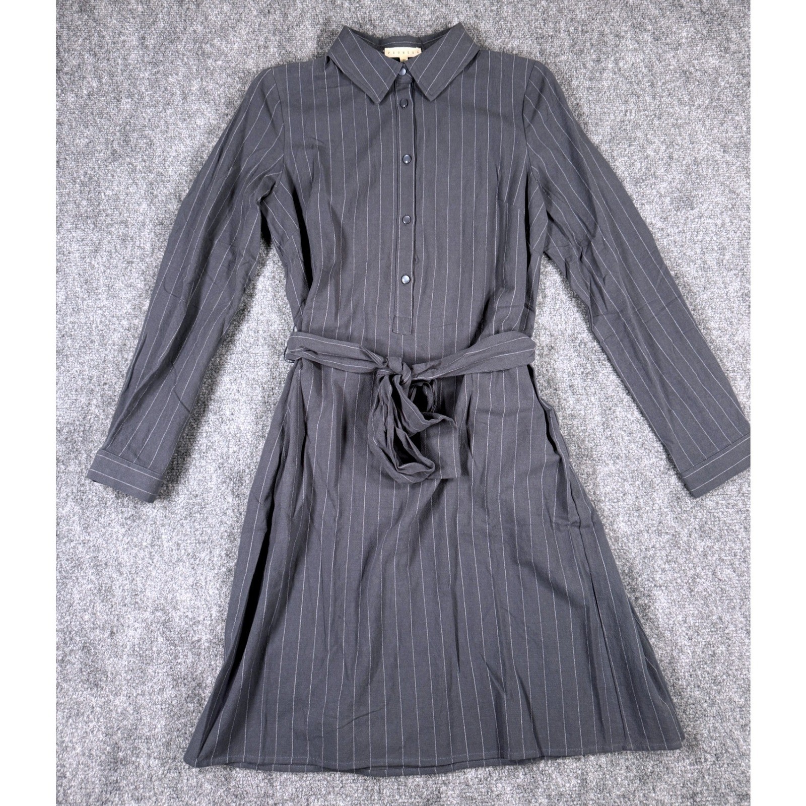 Promesa Womens Medium Grey Pinstripe Long Sleeve Button Front Belted Dress NEW