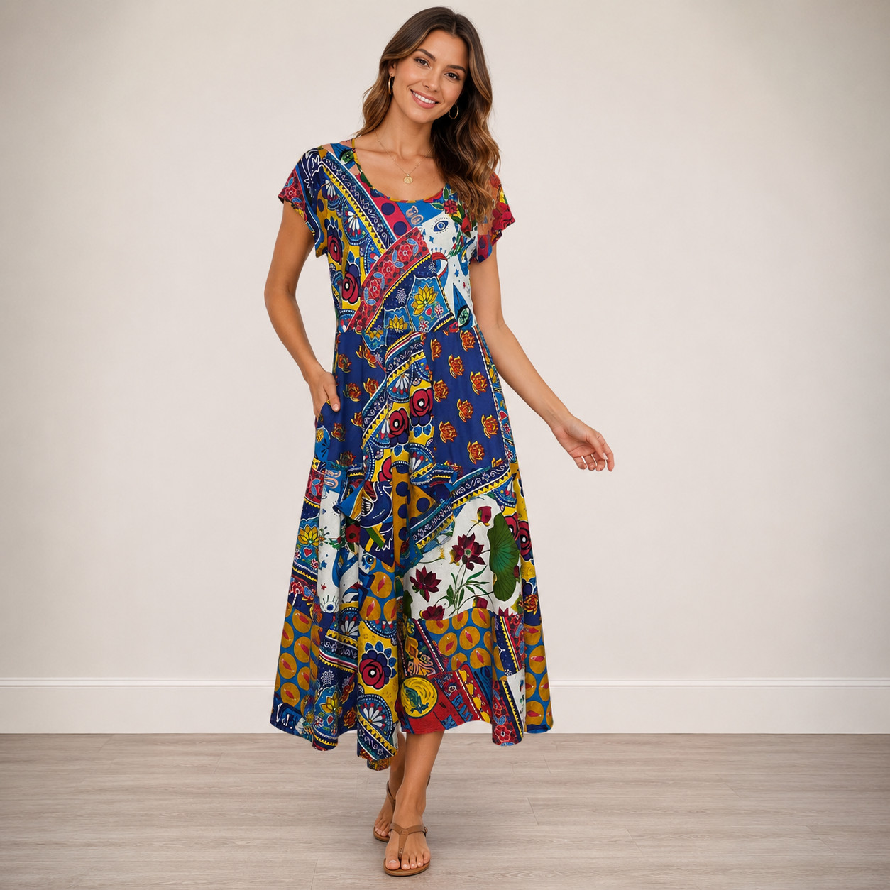 Orientique Amritsar Organic Cotton Patchwork Midi Dress Art Print Size Small