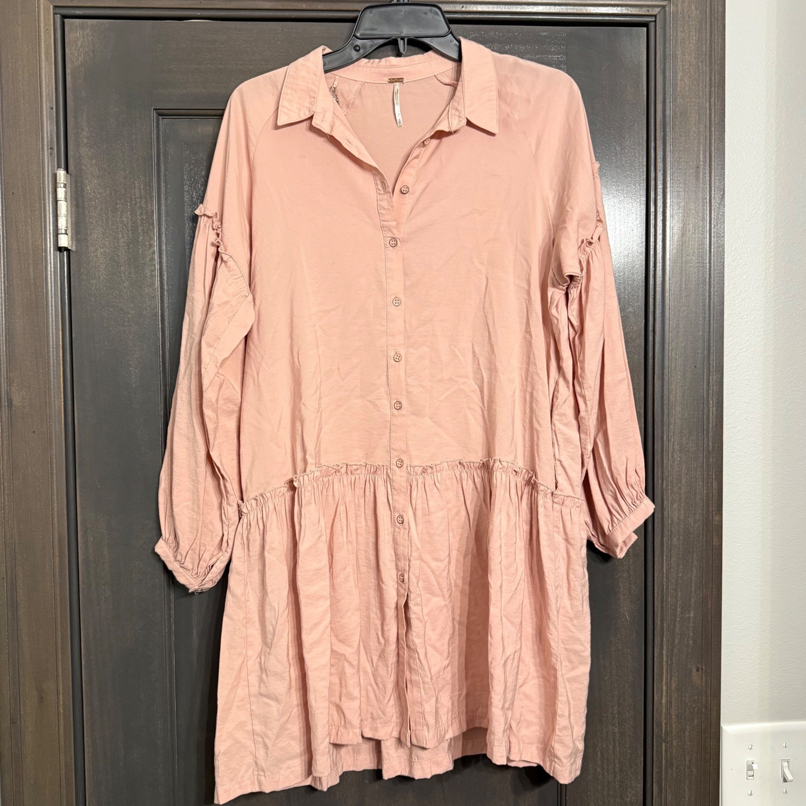 Free People Blush Pink Ruffle Drop Waist Button Down Shirt Dress Womens Small
