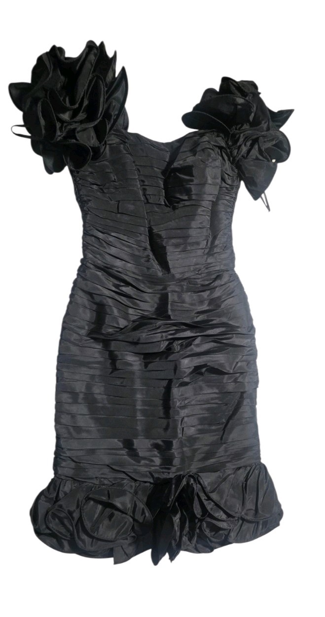 Cache Black Cocktail Party Dress W SZ 10 Satin Ruffle Sleeve Formal Midi Dress