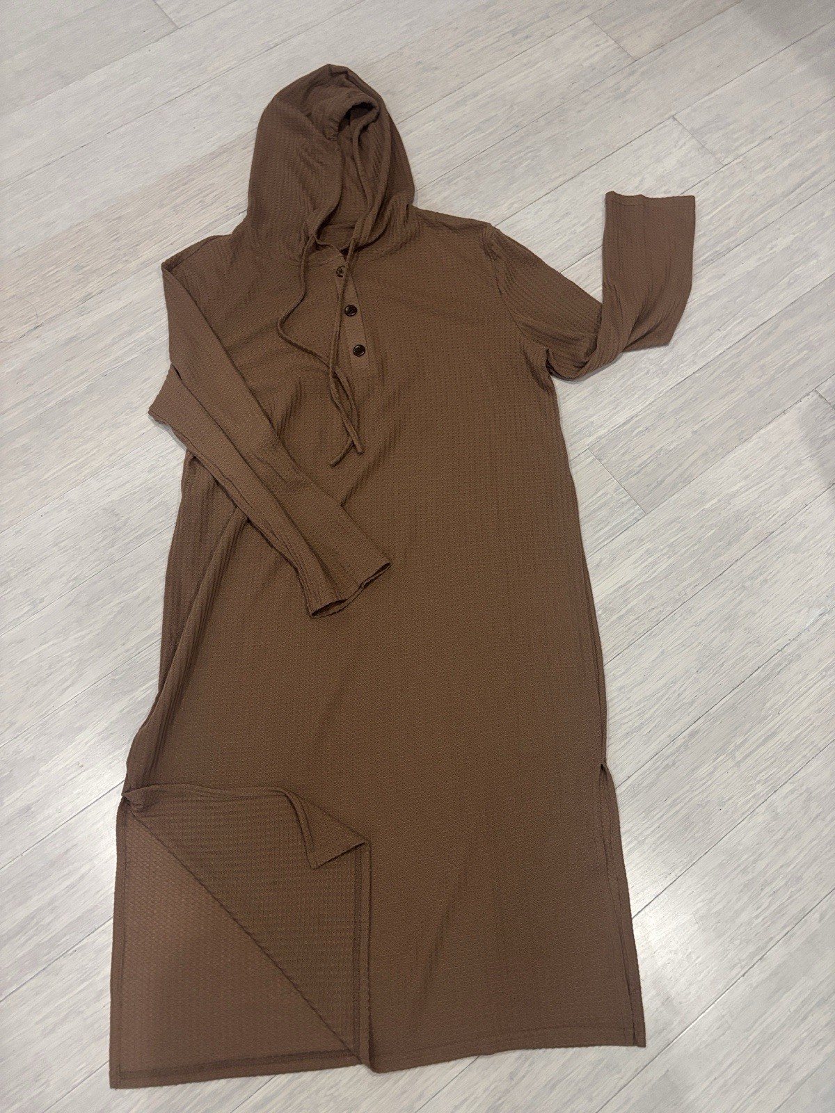 Women’s Brown Solid Ribbed Knit Hooded Midi Dress Long Sleeve Button Accents 5xl