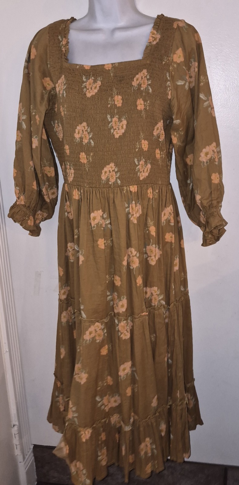 Ivy City Co Smocked Dress Sz L Brown Floral Boho Womens