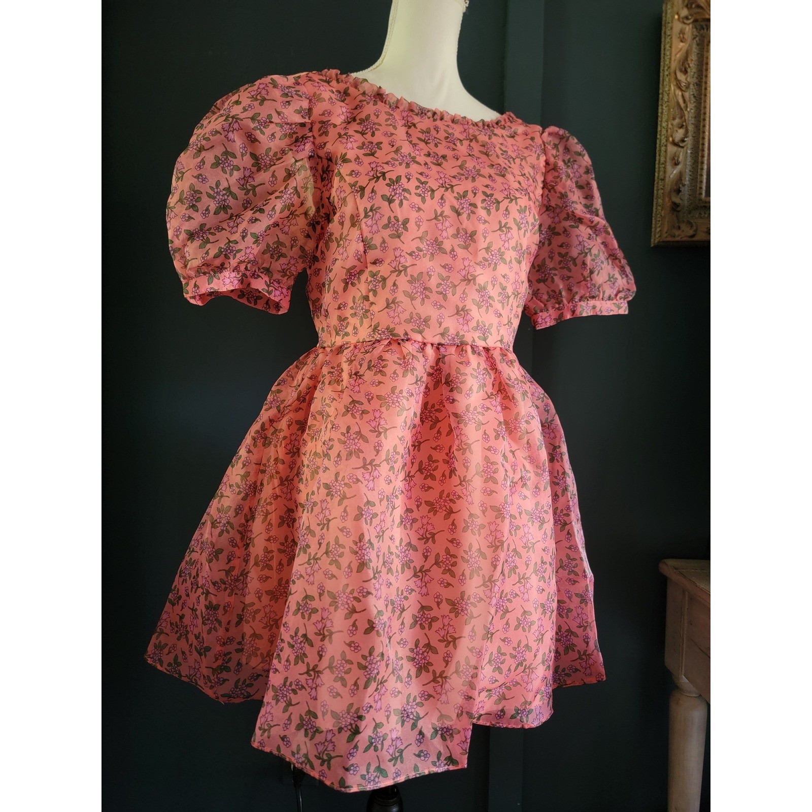 NWT Lost + Wander Pink Floral Venus Rising Mini Dress Babydoll Puff Sleeves Med