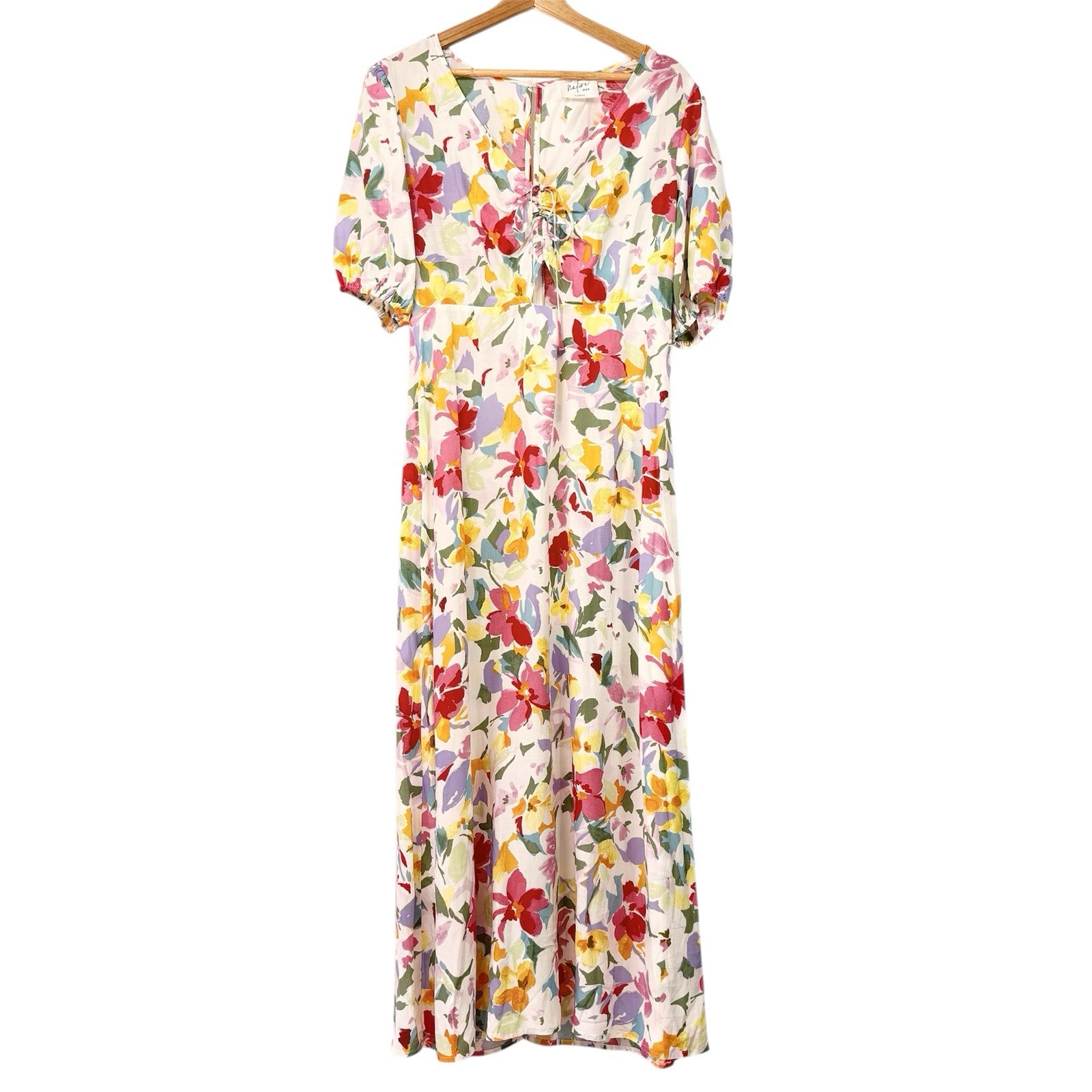 The Native One Floral Midi Dress Sz Large Keyhole Tie Front Accent Short Sleeve