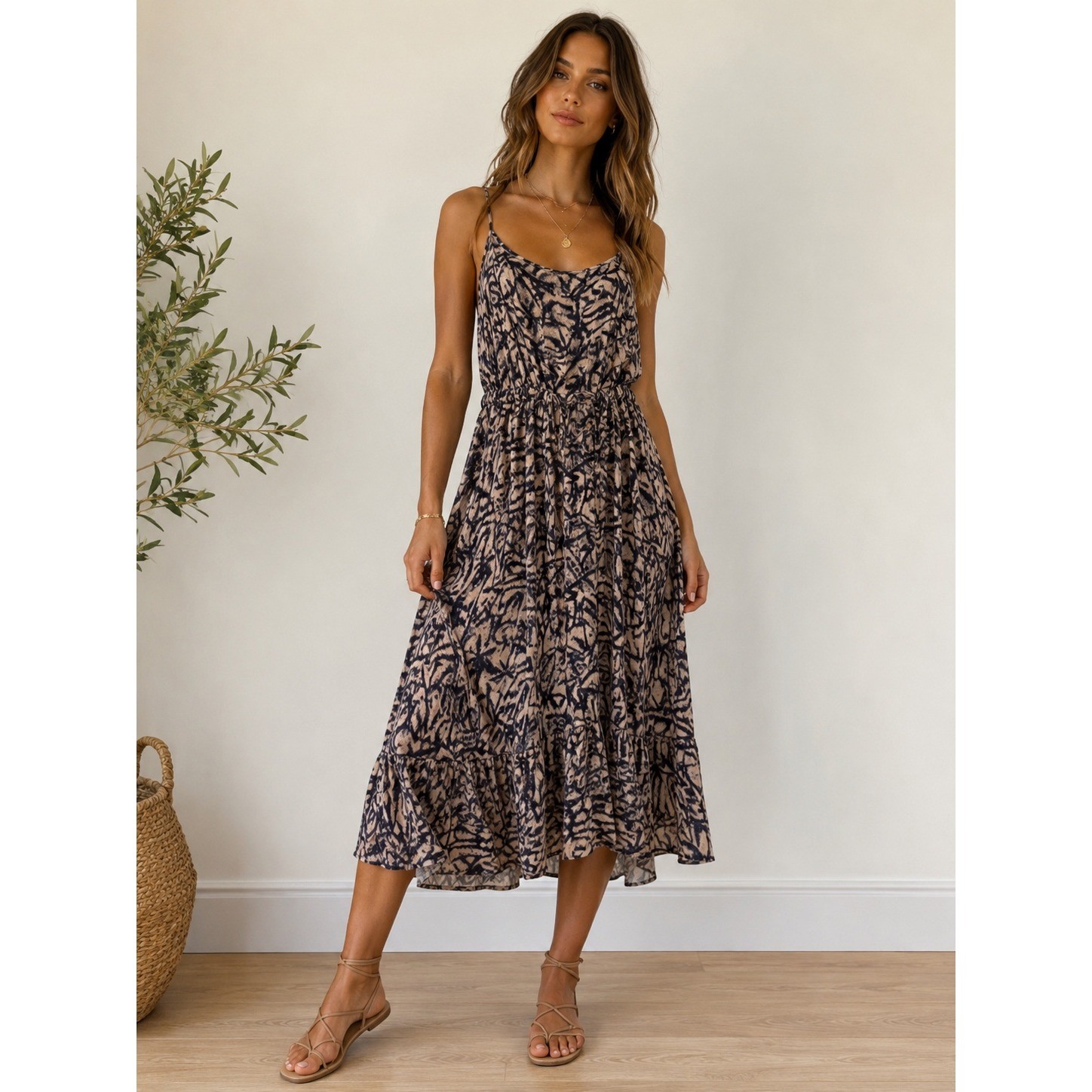 Gusto Womens Abstract Print Midi Dress Tan Navy Lurex Shimmer Tiered Hem Large