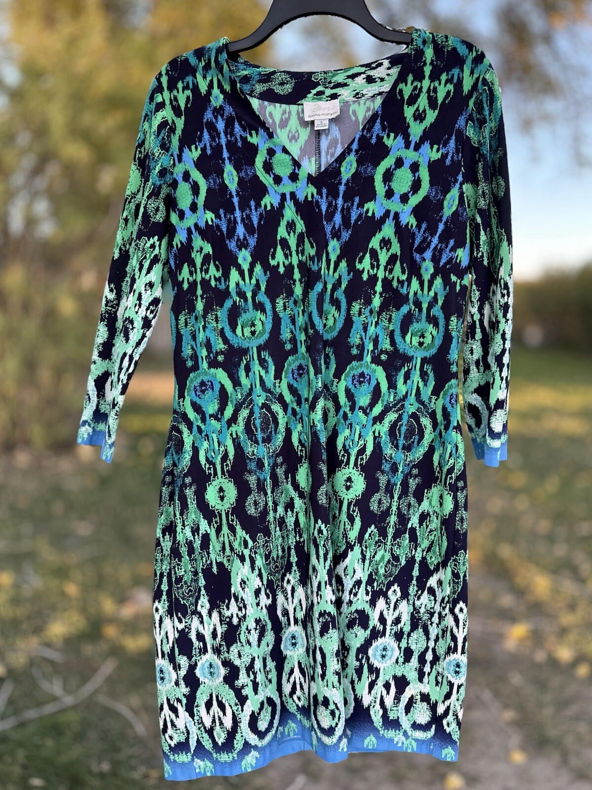Donna Morgan Shift Pencil Dress Womens 6 Stretch Multicolor V-Neck 3/4 Sleeves