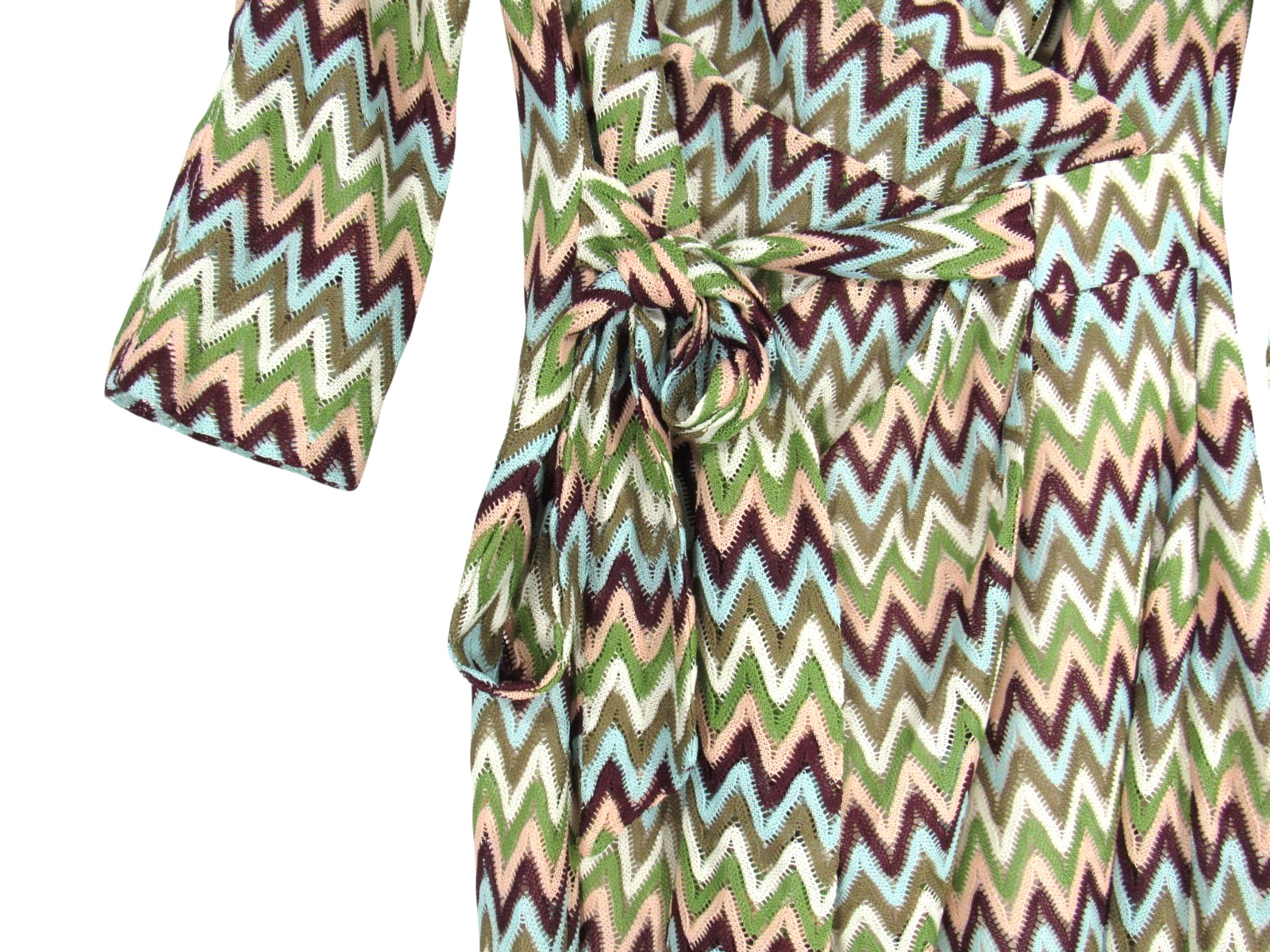 KARLIE Lined CROCHET Green/Brown/Teal CHEVRON Deep V-Neck FAUX WRAP DRESS Sz M