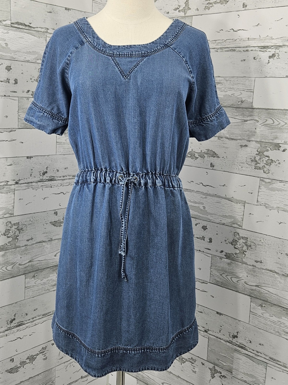 J Crew Chambray Short Sleeve Drawstring Waist Pockets Mini Dress Womens Xsmall
