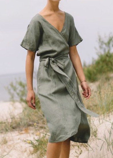 LinenFox Women’s MIMOSA Green Dress 100% Linen Midi Pockets Minimalist Size XS