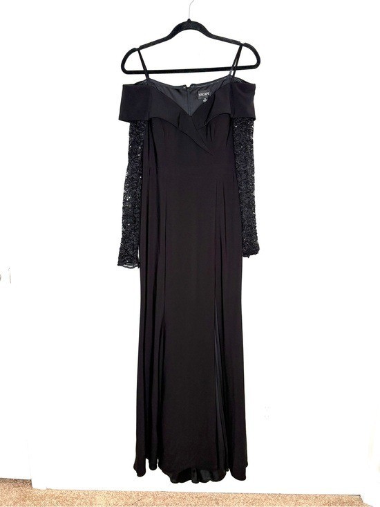 Xscape Evening Gown Off The Shoulder Sheer Lace Sleeves Front Slit Black Size 8
