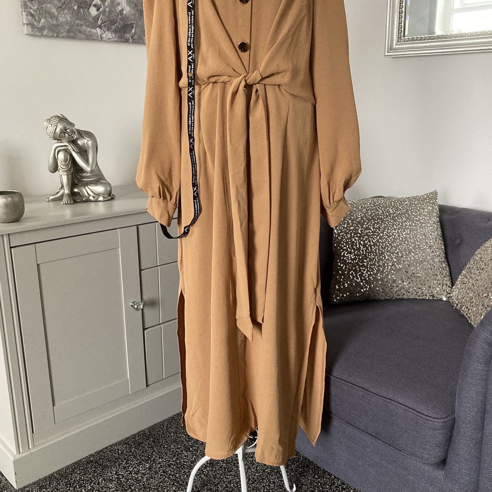 Camel Collared Long Sleeve Front Button Fastening Waist Tie Midi Shirt Dress 8