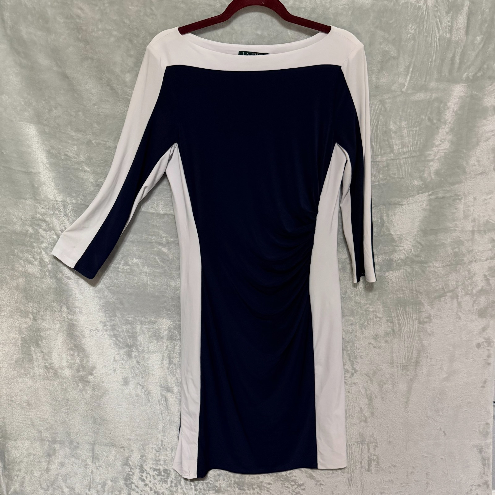 Lauren Ralph Lauren Dress Women 10 Navy Blue White Colorblock Sheath Ruched