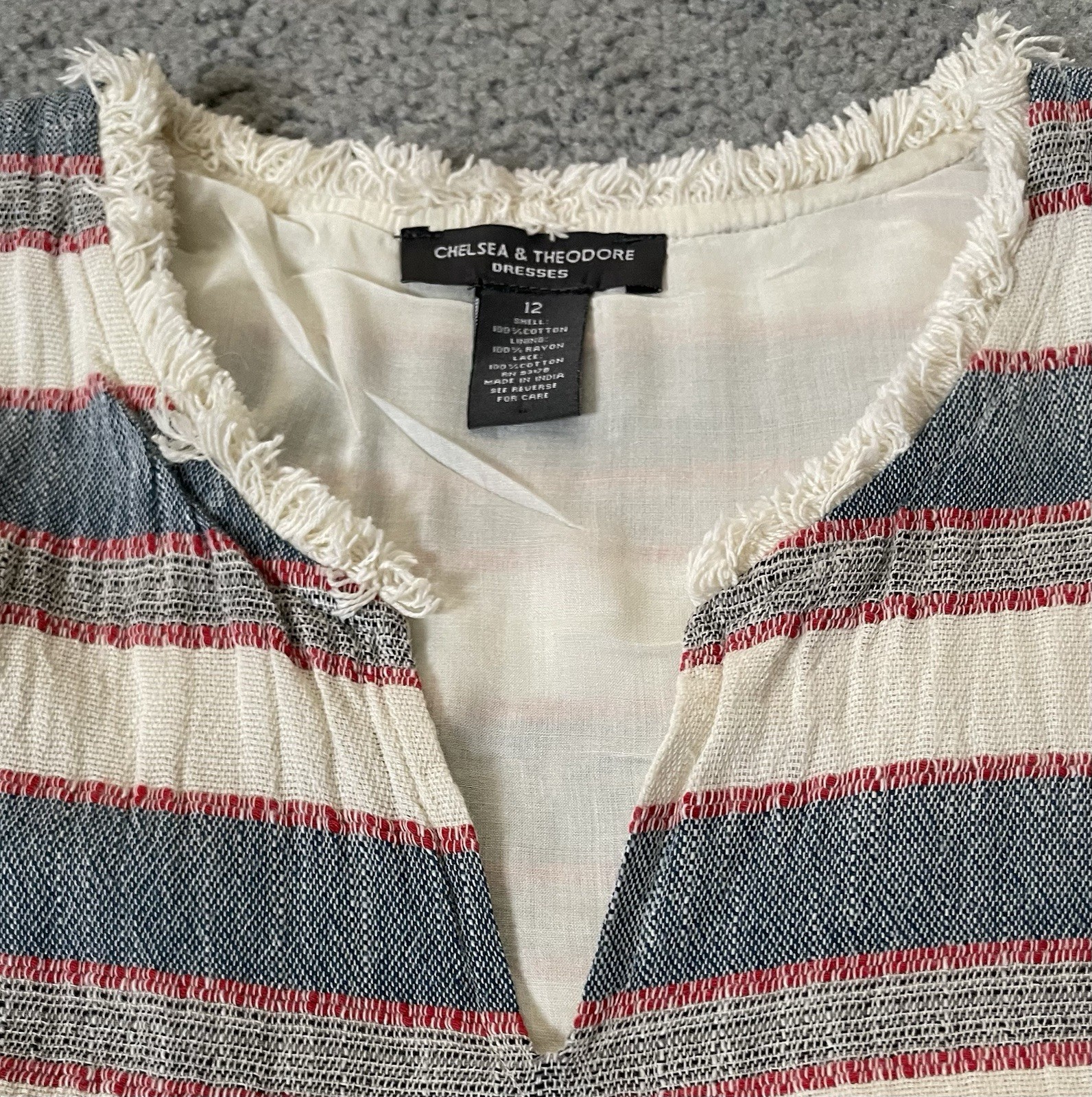 Chelsea & Theodore Striped Mini Dress Sz 12 Red Gray Fringed Hem Nautical Beach