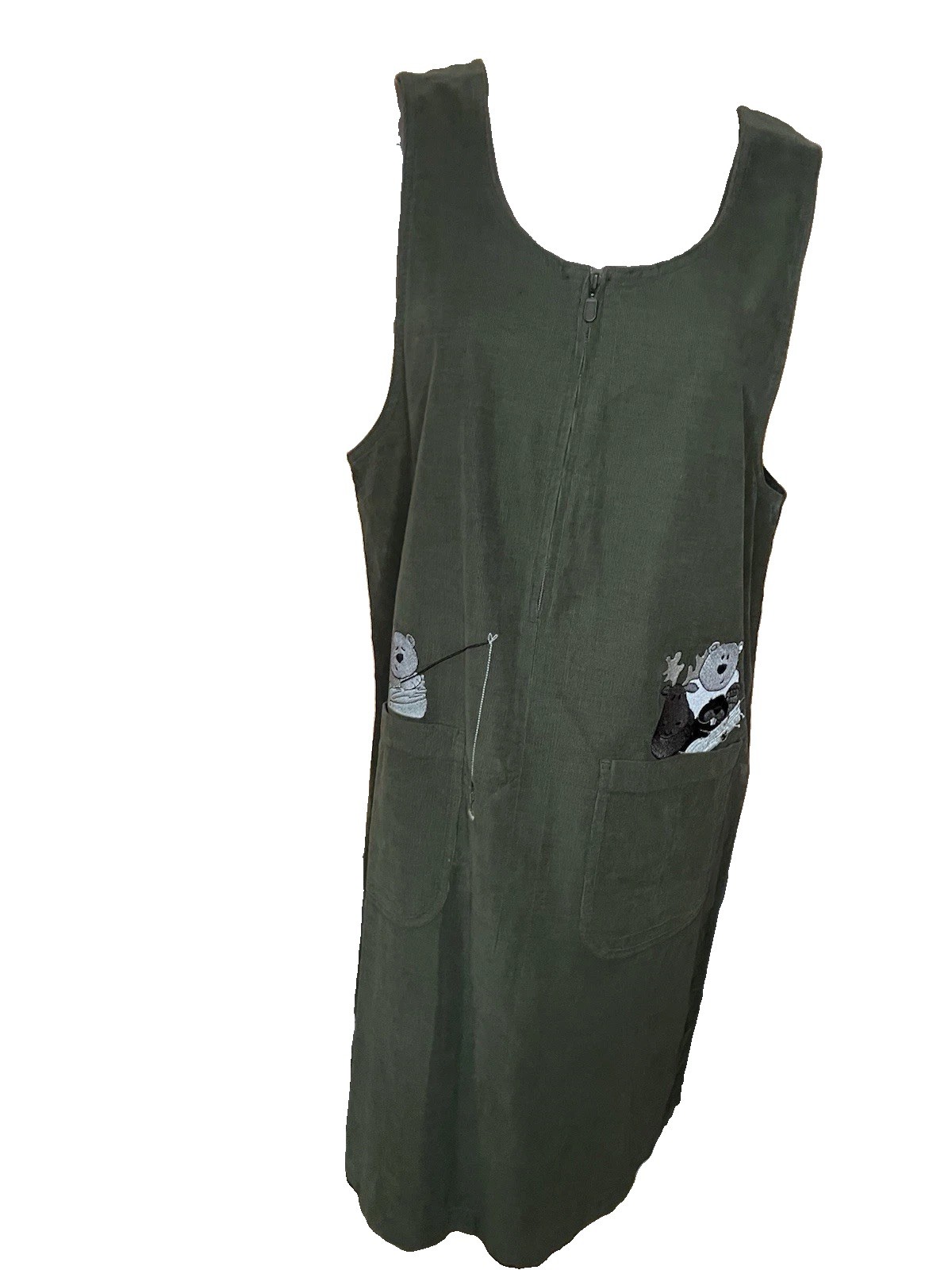 Christopher & Banks faux Corduroy Olive Midi Dress Embroidered Pockets Sz L