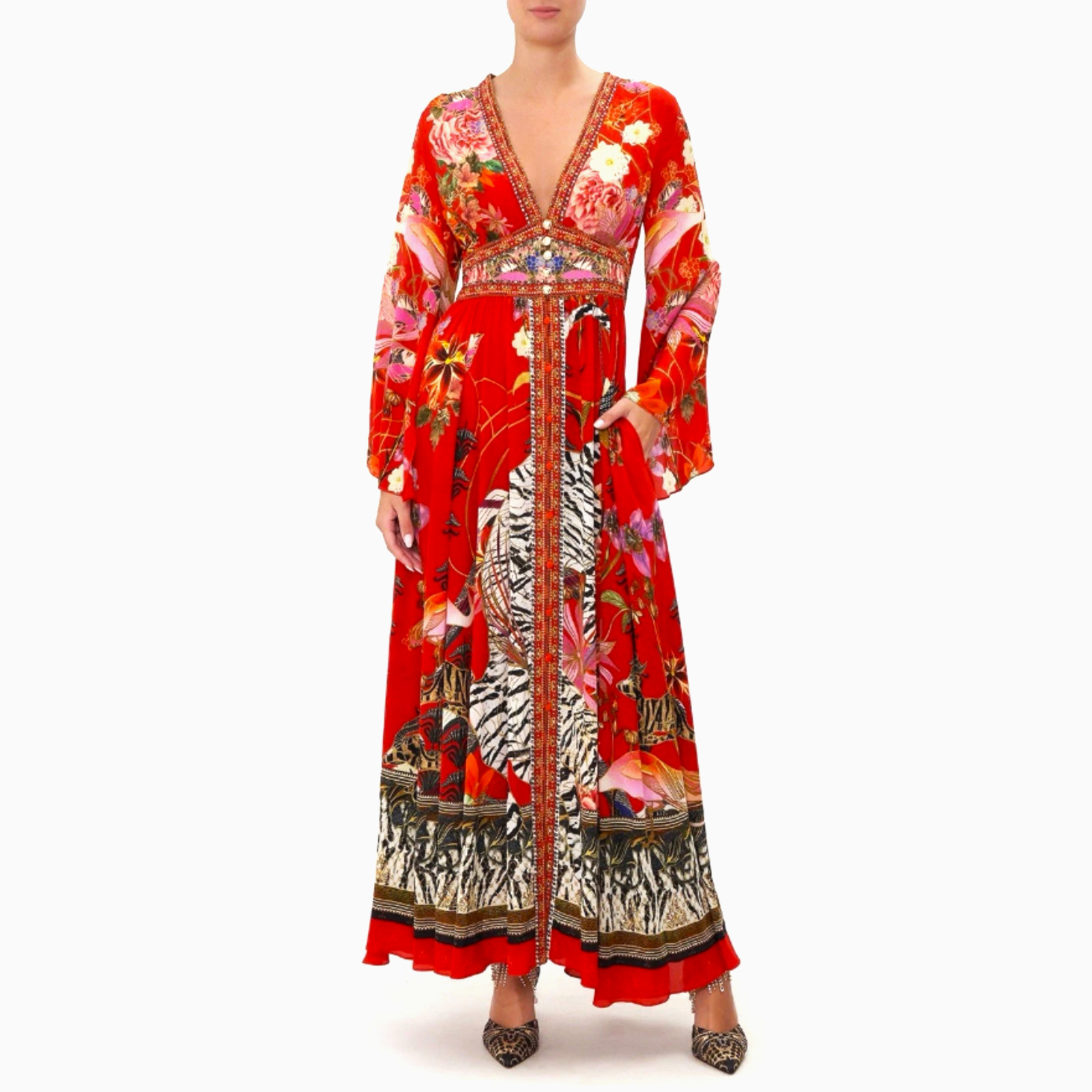 Camilla The Legend Of Ziba Dress XS XSmall Maxi Kimono Sleeve Silk Waistband Red