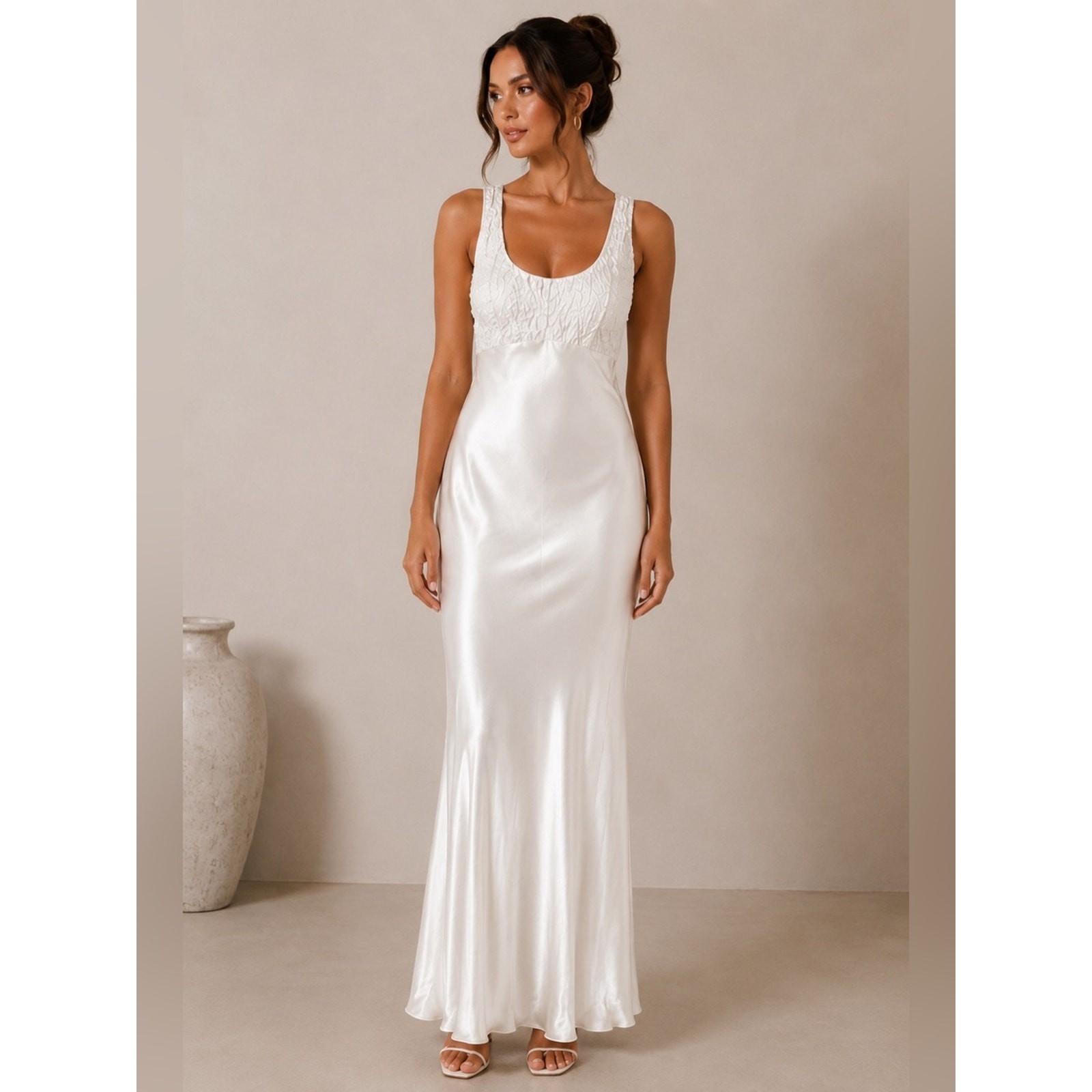 Vintage Cache Off-White Satin Maxi Dress | Small | Crinkled Bodice | Formal