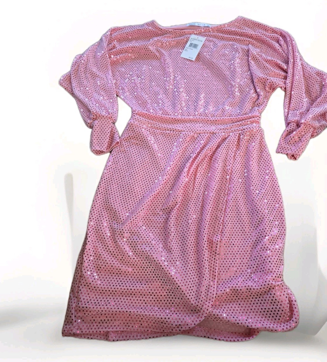 NEW Fraiche By J Sparkle Pink GLITTER Knee Length Party Dress Long Sleeve SZ SM
