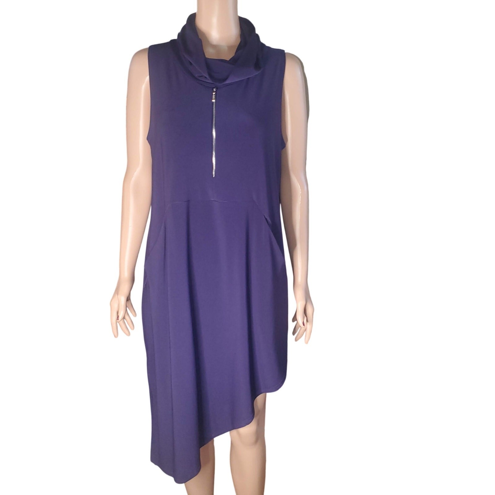 Sympli Canada Blue Cowl Neck Asymmetrical Dress Pockets Lagenlook Size 12
