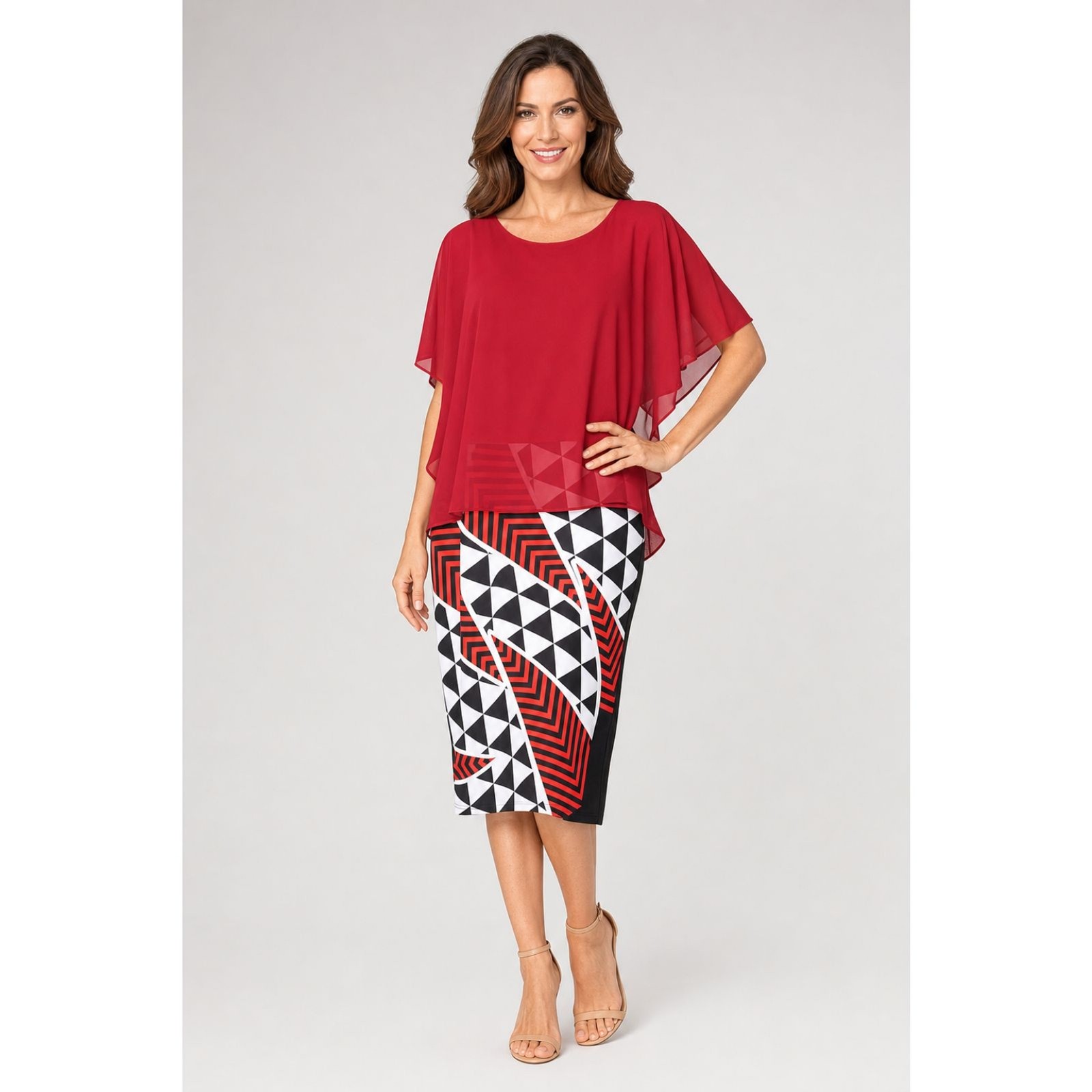 Women’s L Red Chiffon Cape Top Geometric Print Stretch Bodycon Sheath Dress