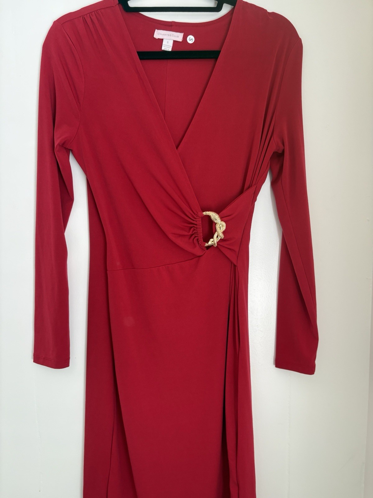 Charter Club Women’s Red Wrap Dress S V-Neck Long Sleeve Buckle Knee-Length