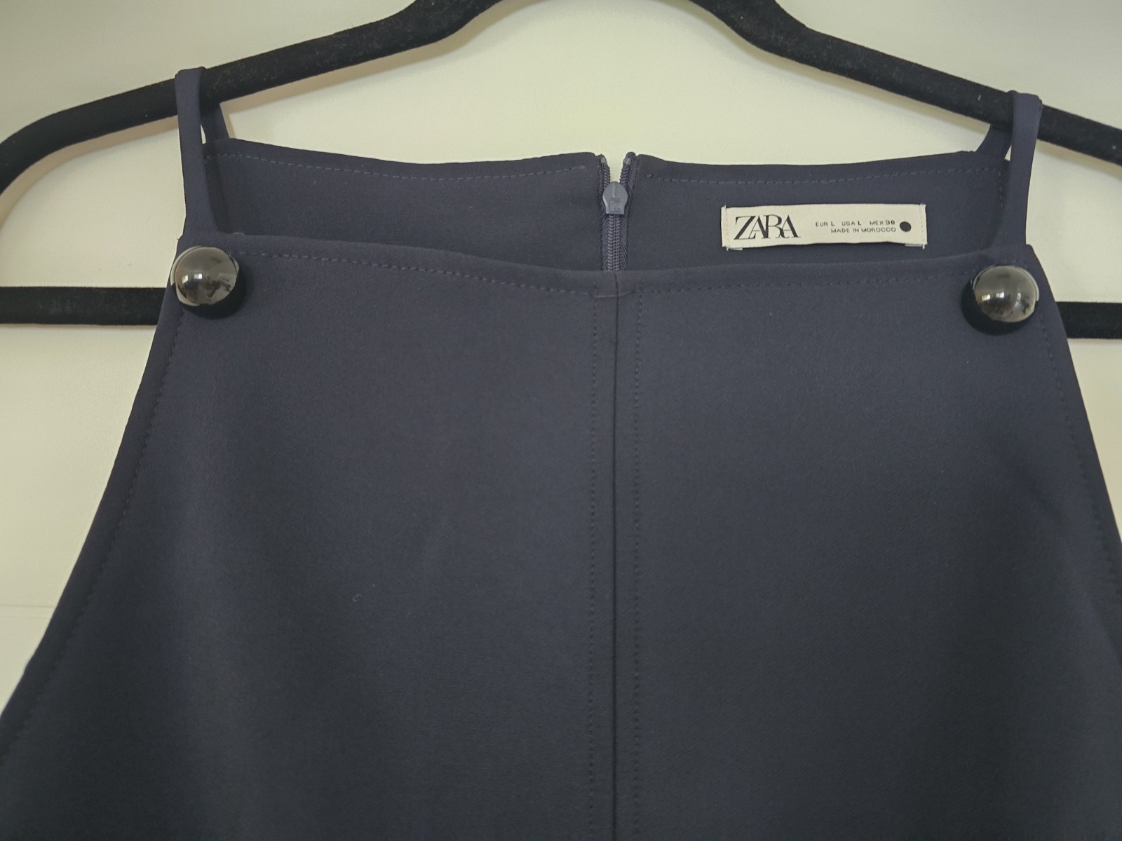 Zara Dark Navy Blue Mini Dress L Button Strap Detail Square Neck Shift AS IS