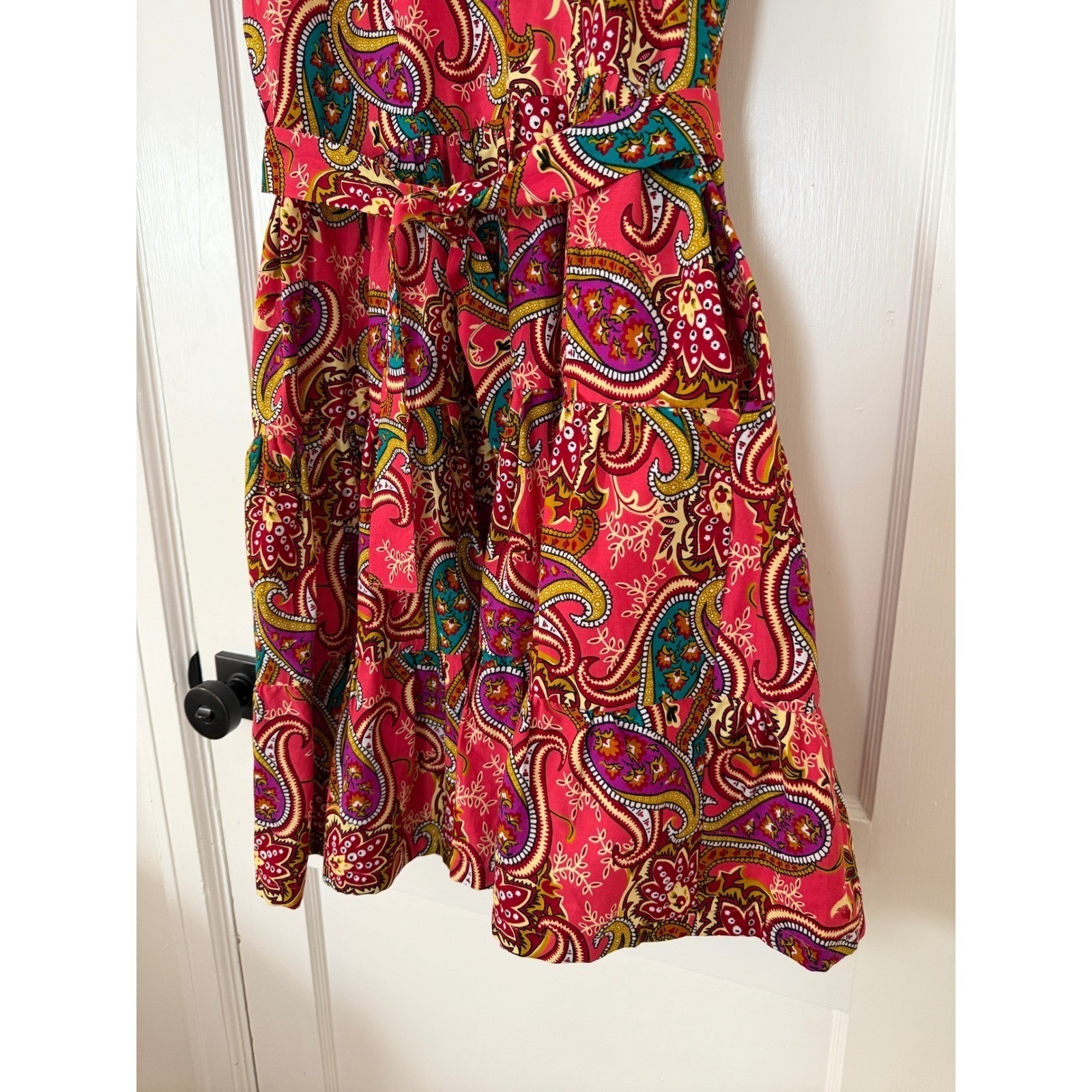 Pink Paisley Tiered Ruffle Sleeve Fit & Flare Cotton Dress Sz S: Boho, Party