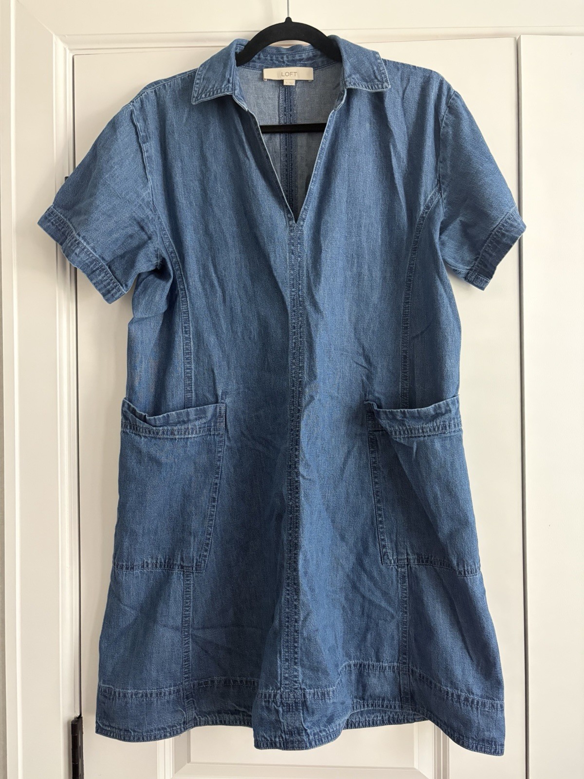 100% Cotton Chambray Denim Shift Dress Pockets Short Sleeve Collared Women’s M