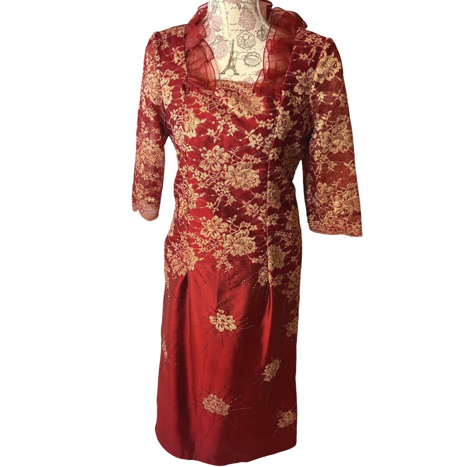 Red Gold Floral Lace Cheongsam Dress Mandarin Collar Style Evening SZ 6/8 Holida