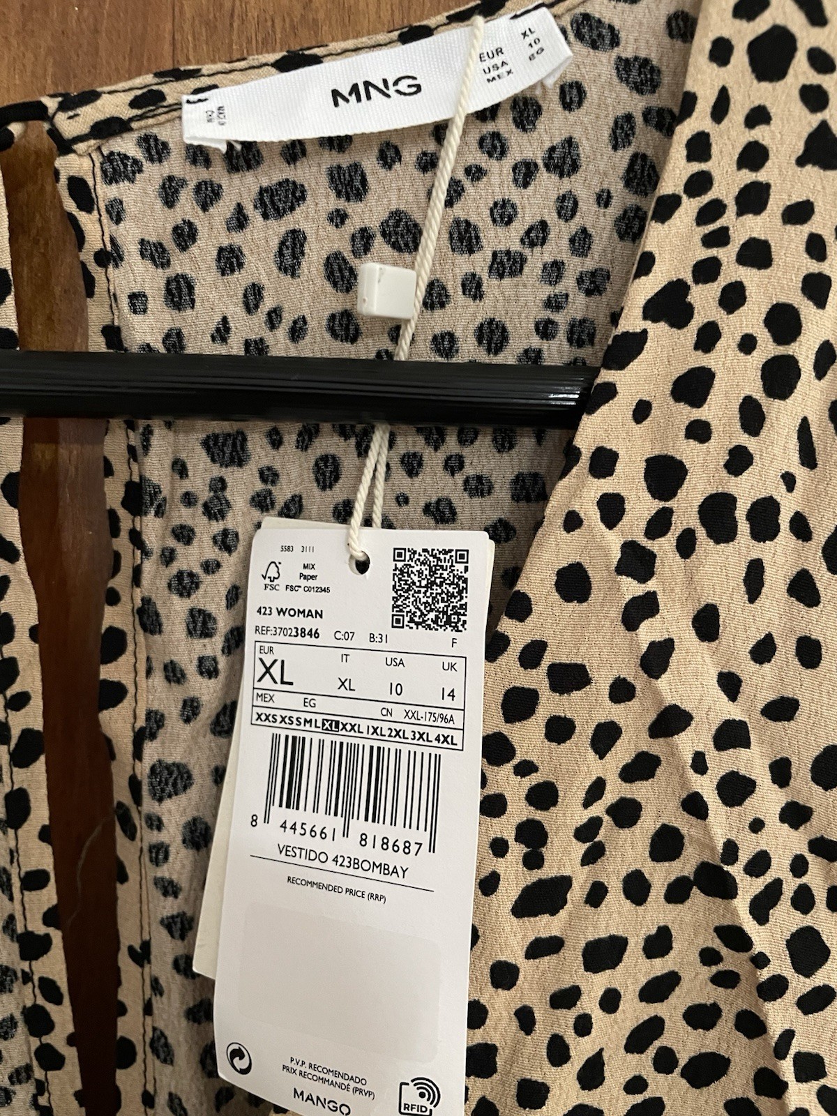 MNG Beige/Black Leopard Print V-Neck Maxi Dress 3/4 Sleeve XL