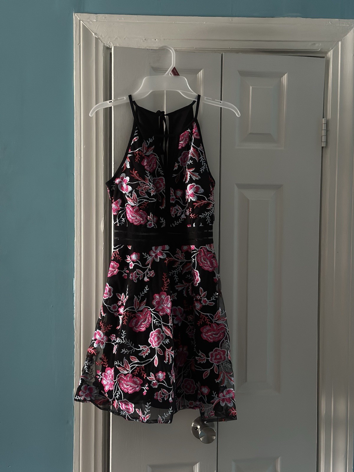 Black Pink Floral Halter A-Line Chiffon Dress S Sleeveless Lined Zip