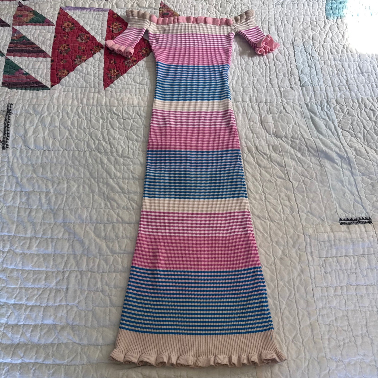 Dee Elly Maxi Dress Pink Blue Striped Ruffle Off Shoulder Knit S