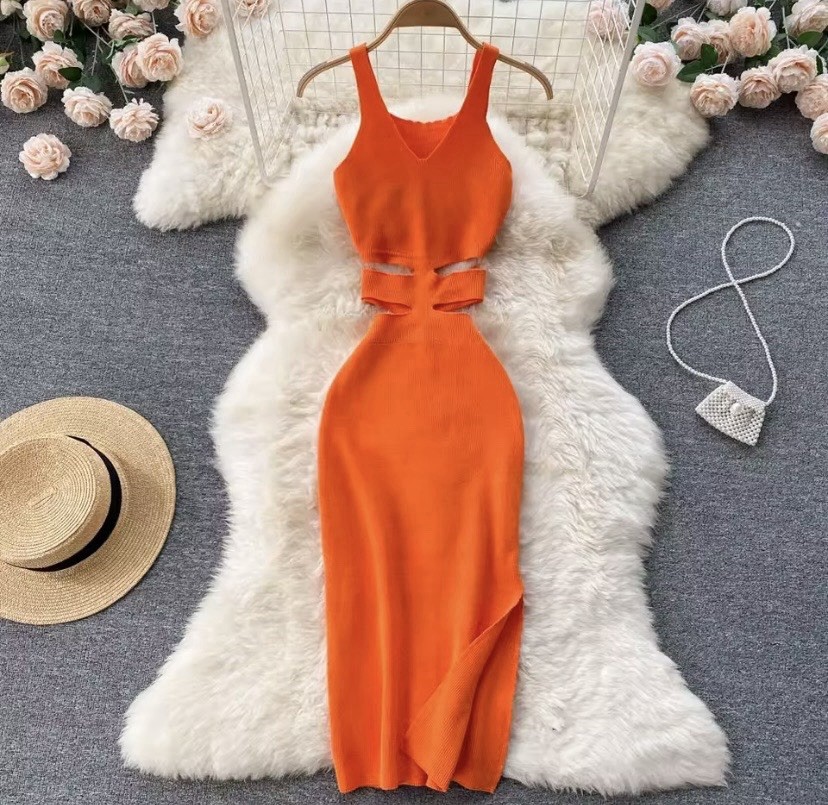 Women’s Knit V-Neck Sleeveless Bodycon Midi Dress Stretch Waist Cutout Bow