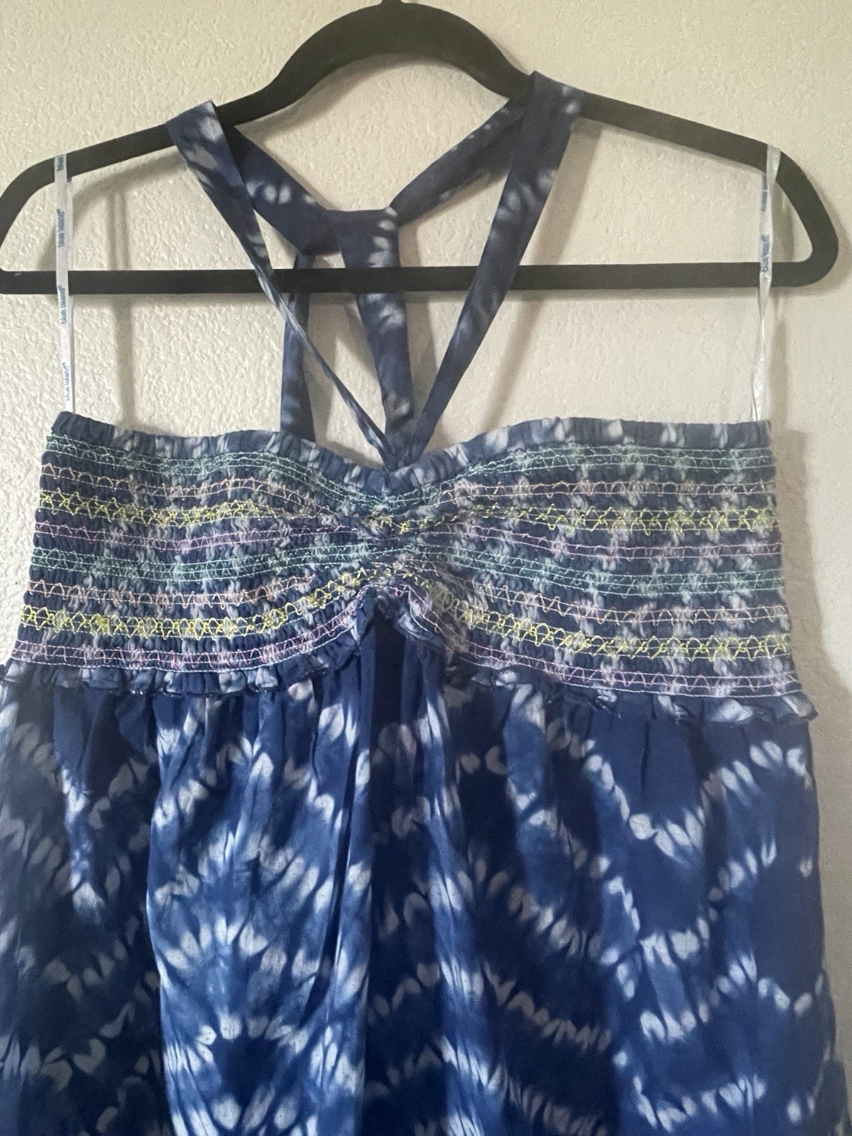 Blue Island One Size Blue/White Tie Dye Midi Sundress Smocked Beaded Fringe