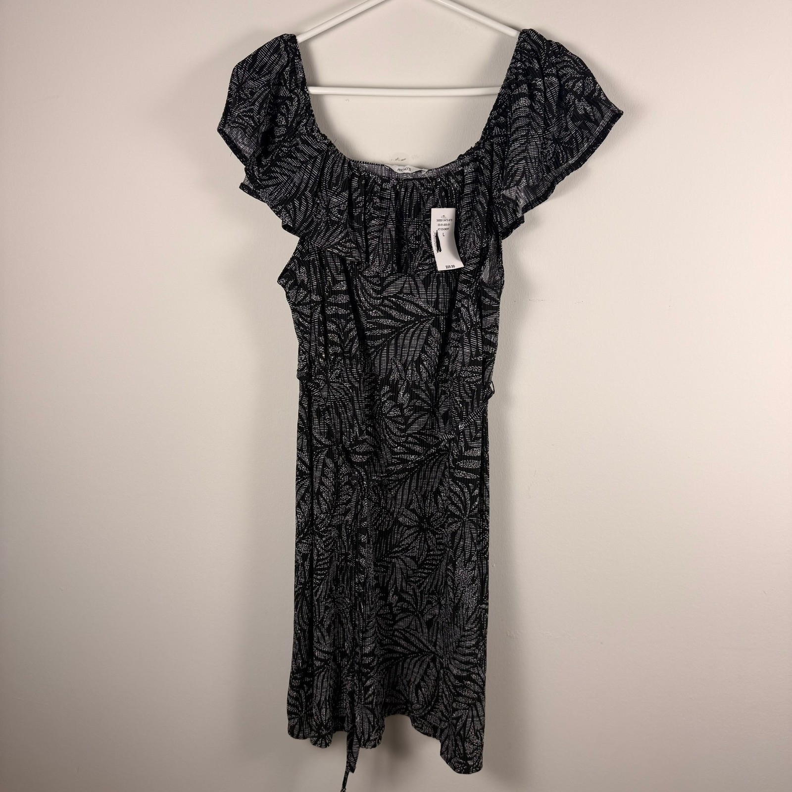 Rickis Black White Palm Print Plisse Off Shoulder Ruffle Dress HT1123-ONOFF L