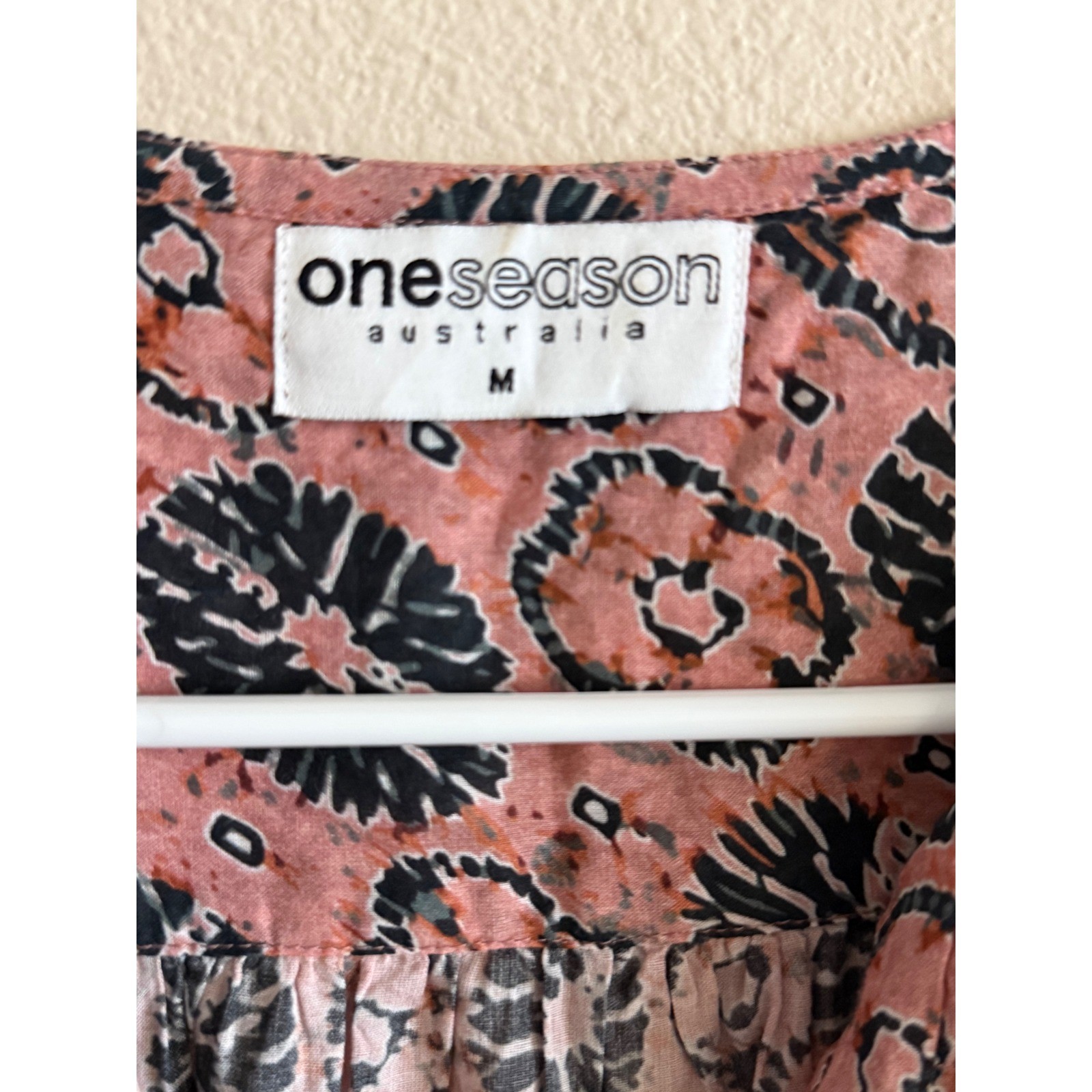 OneSeason Australia Pink Black Floral Cotton Lace Up Tunic Dress Womens Medium