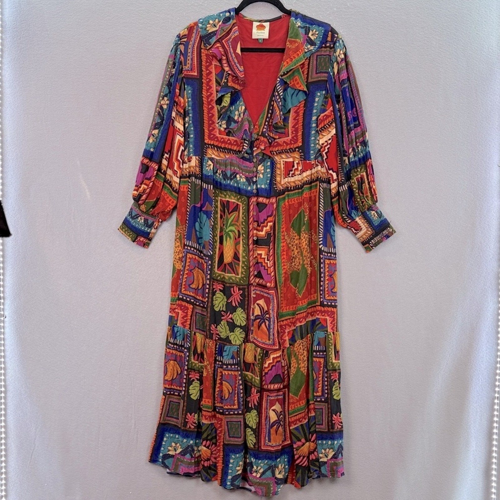 Farm Rio women’s Patchwork Tapestry ankle maxi Dress ruffle V-neck tiered red M