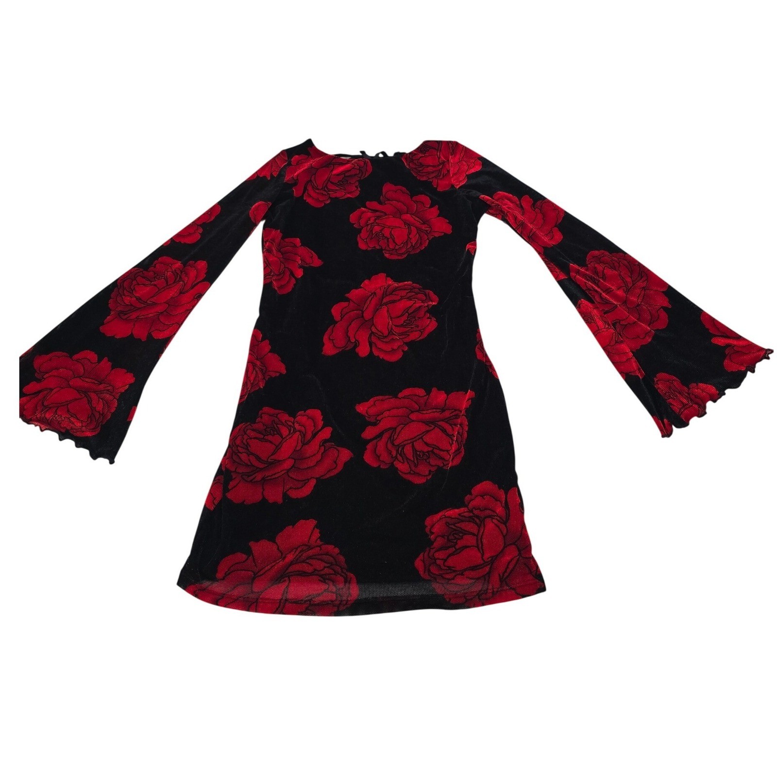 Thirty Thirty LA Red Rose Velvet Mesh Bell Sleeve Mini Dress Black M 7DDED260