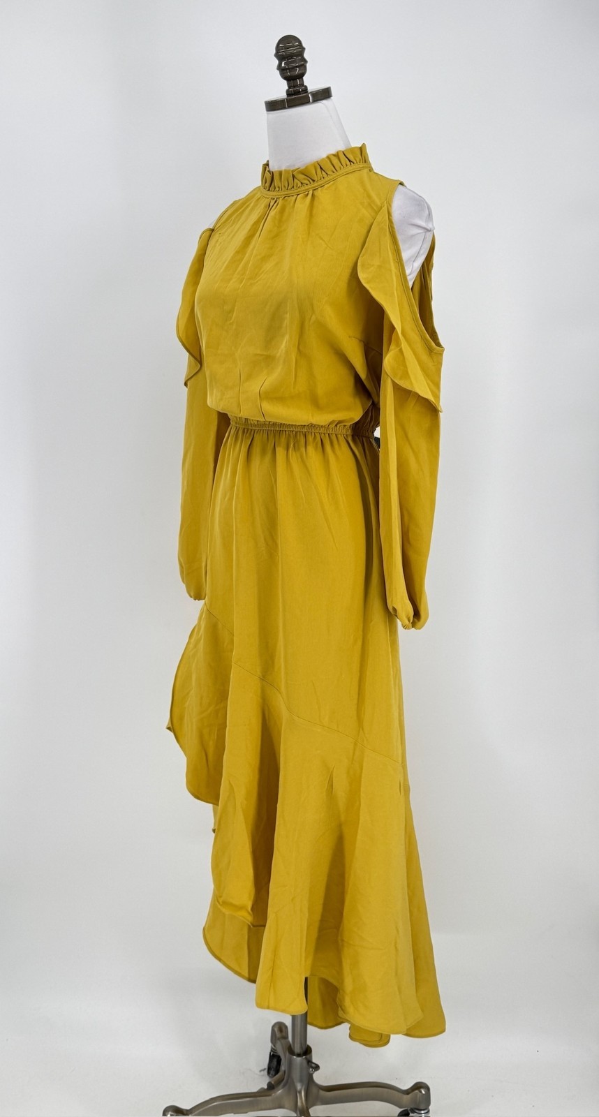 Hayden Los Angeles Mustard Yellow Cold Shoulder Mock Neck Blouson Dress Sz L NEW