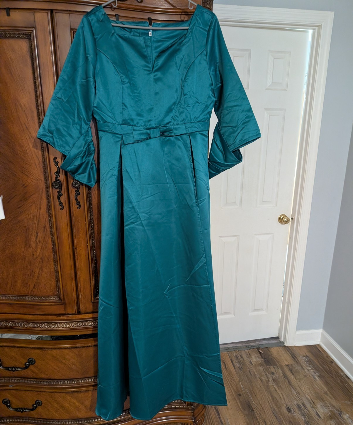 Women’s Teal Solid Maxi Dress V-Neck Tie Waist 3/4 Kimono Sleeves M