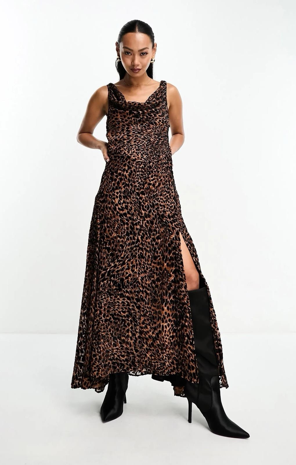 Leopard Print Devore Cowl Neck Sleeveless Thigh High Split Flared Maxi Dress 10