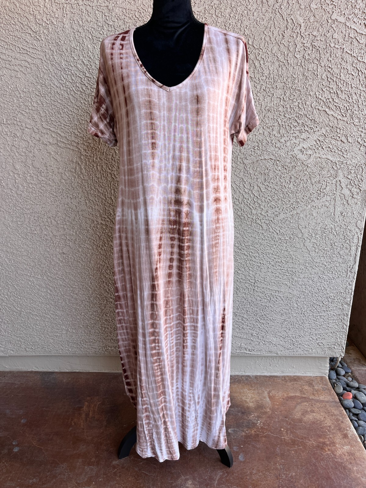 Boho Tie Dye Soft Stretchy Jersey Knit Short Sleeve Maxi Dress Pockets Side Slit