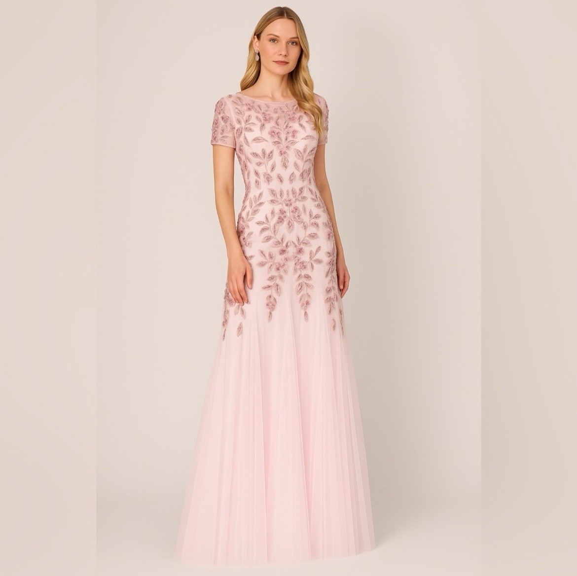 Adrianna Papell Blush Pink Beaded Tulle Gown NWT Embellished Formal Dress SZ 12