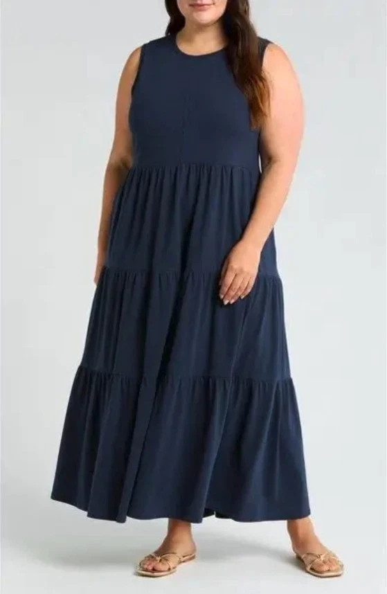CASLON Womens 2x 100% Organic Cotton Sleevless Tiered Maxi Dress w/Pockets 0431