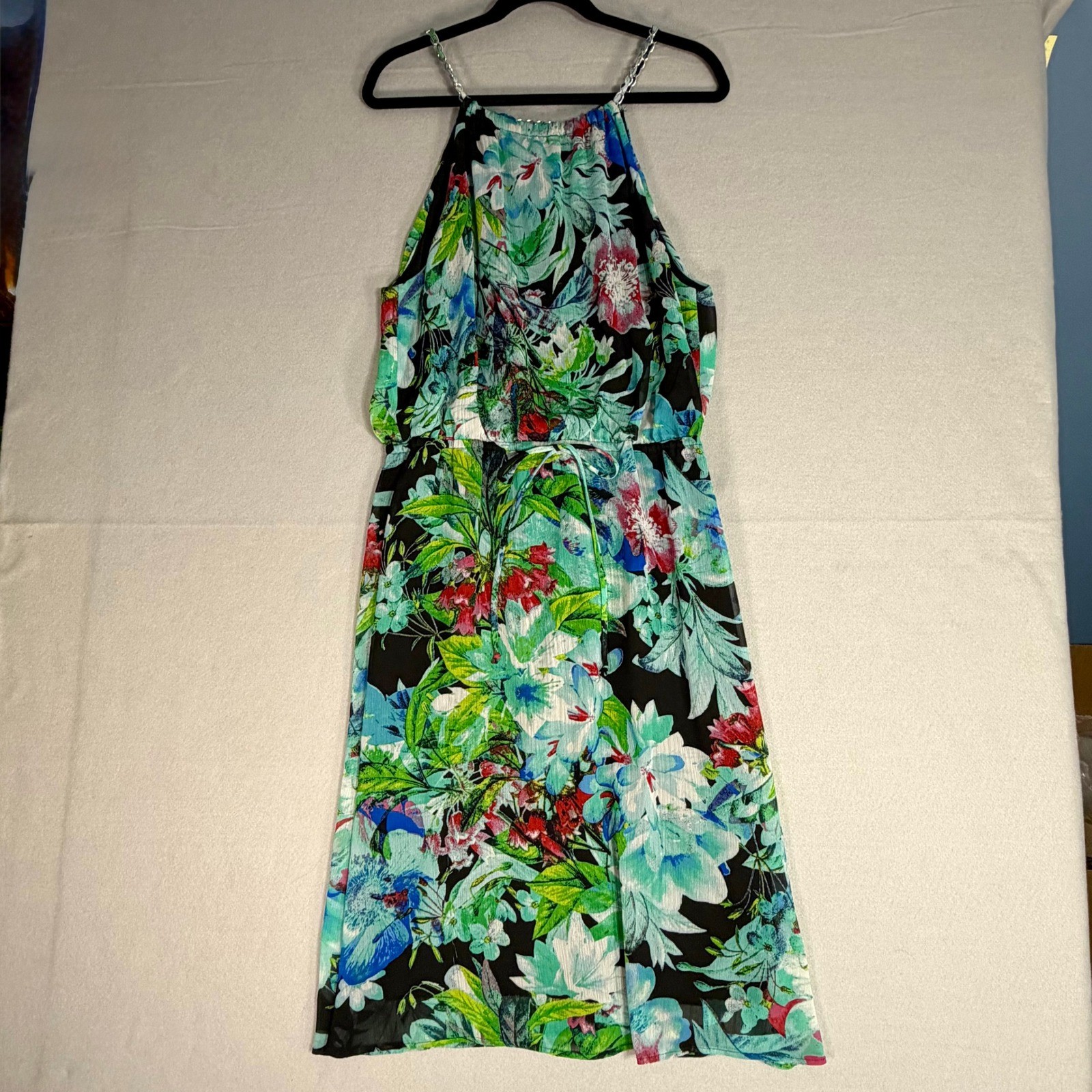 Connected Apparel Halter Midi Sundress 12 Floral Chain Straps Tropical Chiffon