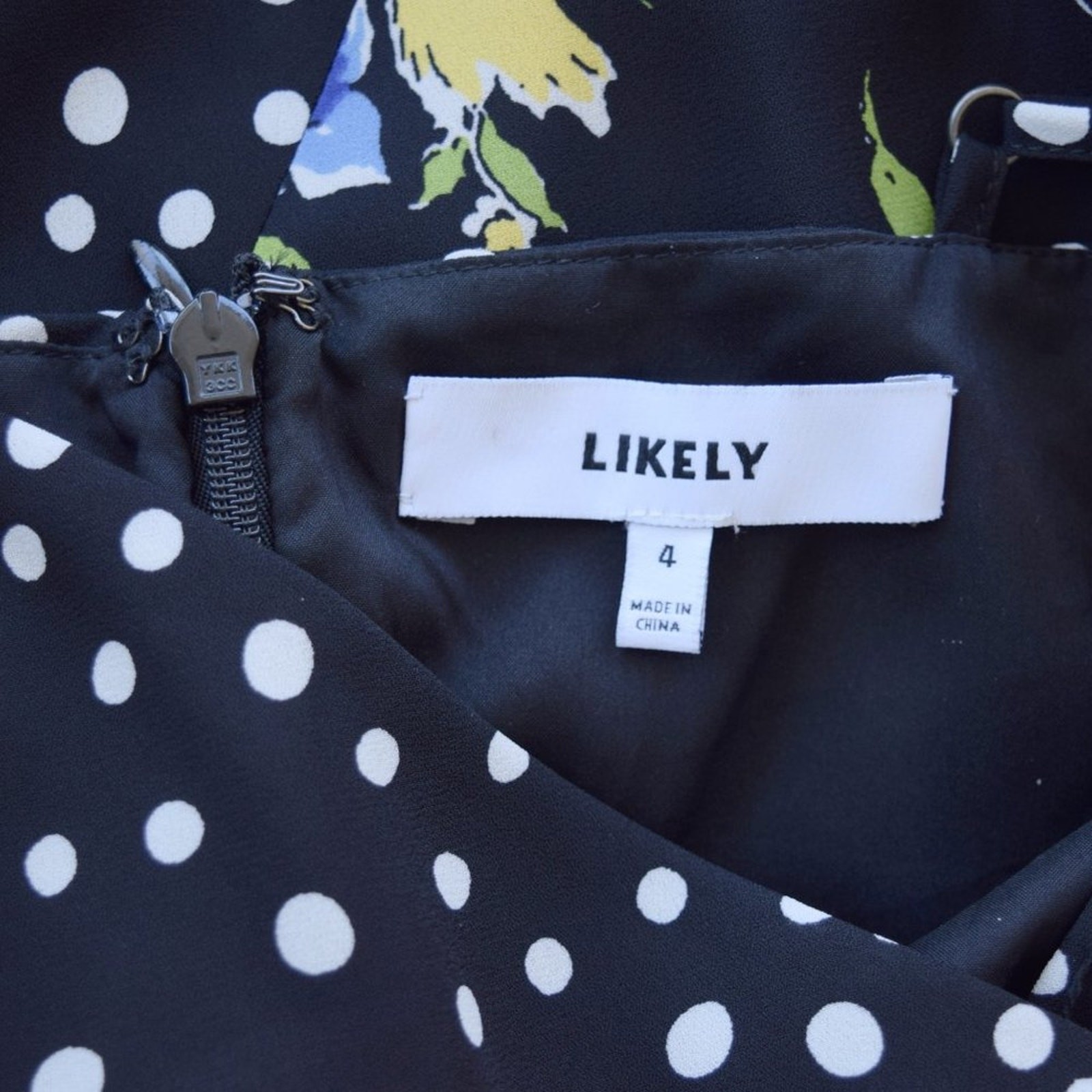 LIKELY Saige Midi Slip Dress Size 4 Black Floral Polka Dot Front Slit Revolve